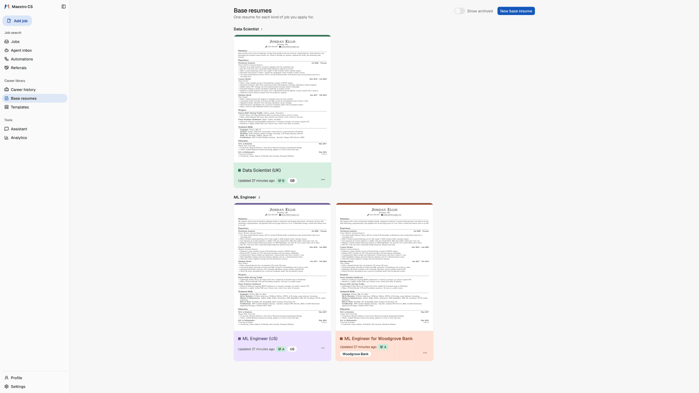 Three base resumes in the app, grouped by role, each card in its own colour with a page preview, a health grade and its Target pill: Data Scientist (UK) for GB, ML Engineer (US) for the US, and ML Engineer for Woodgrove Bank