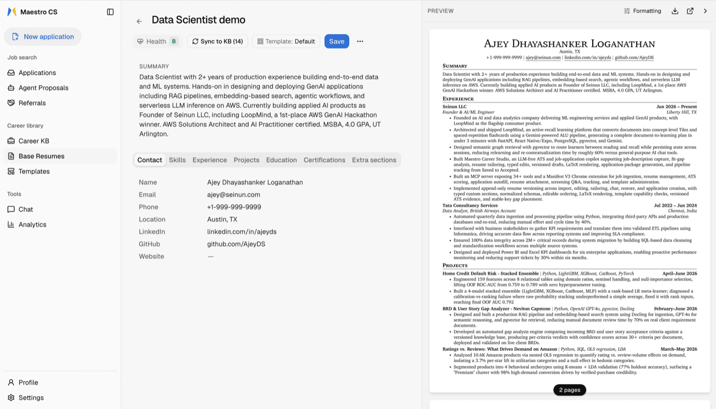 The base resume studio with its health grade and a live typeset preview