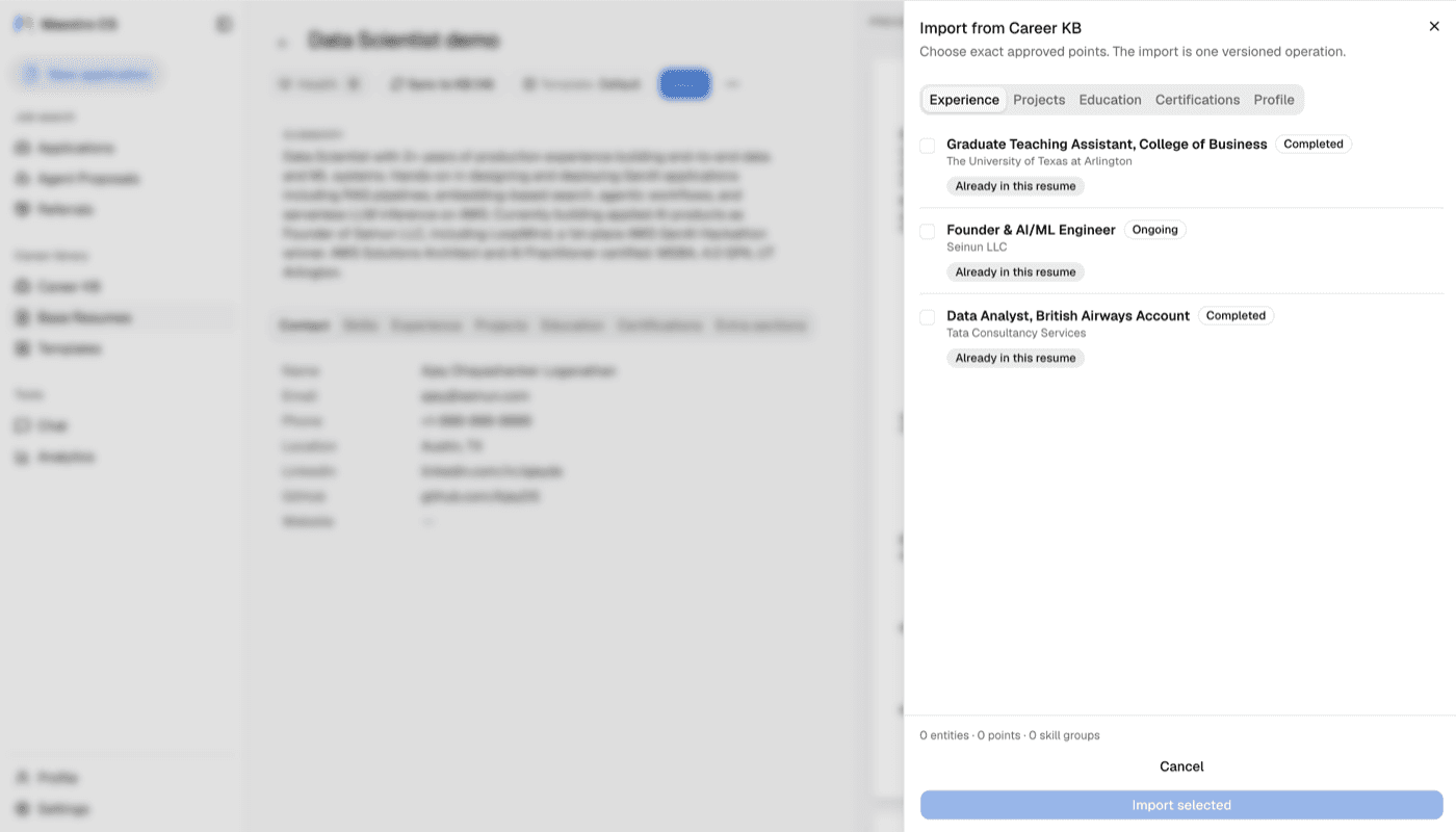 Importing KB evidence into a resume, with the drawer showing what is already present