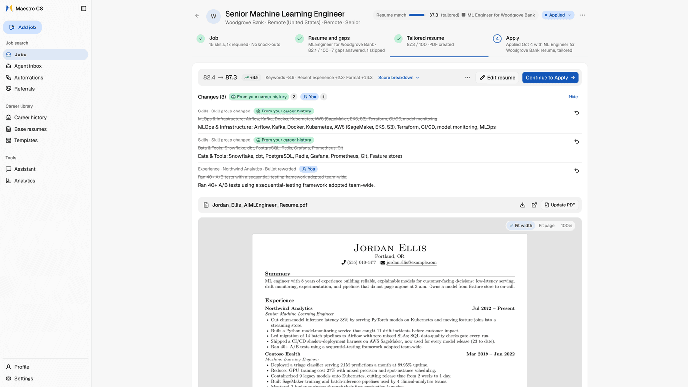 The same job's Tailored resume step: the Match score going from 82.4 to 87.3, three changes from the base resume, each shown struck through and rewritten with a Revert button and marked From your career history or You, then the PDF and its one-page preview