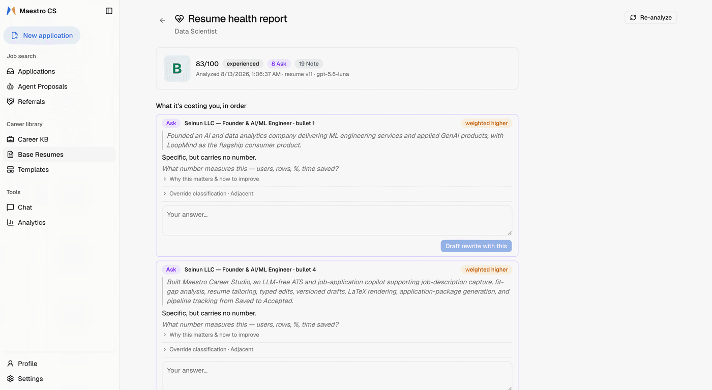 A job-independent resume health grade with the cost of each defect