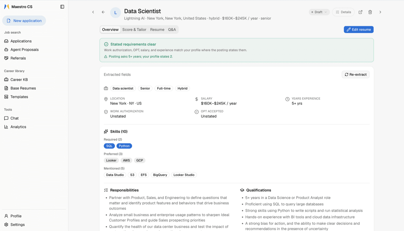 A job overview with the deterministic score breakdown and knock-out pre-scan