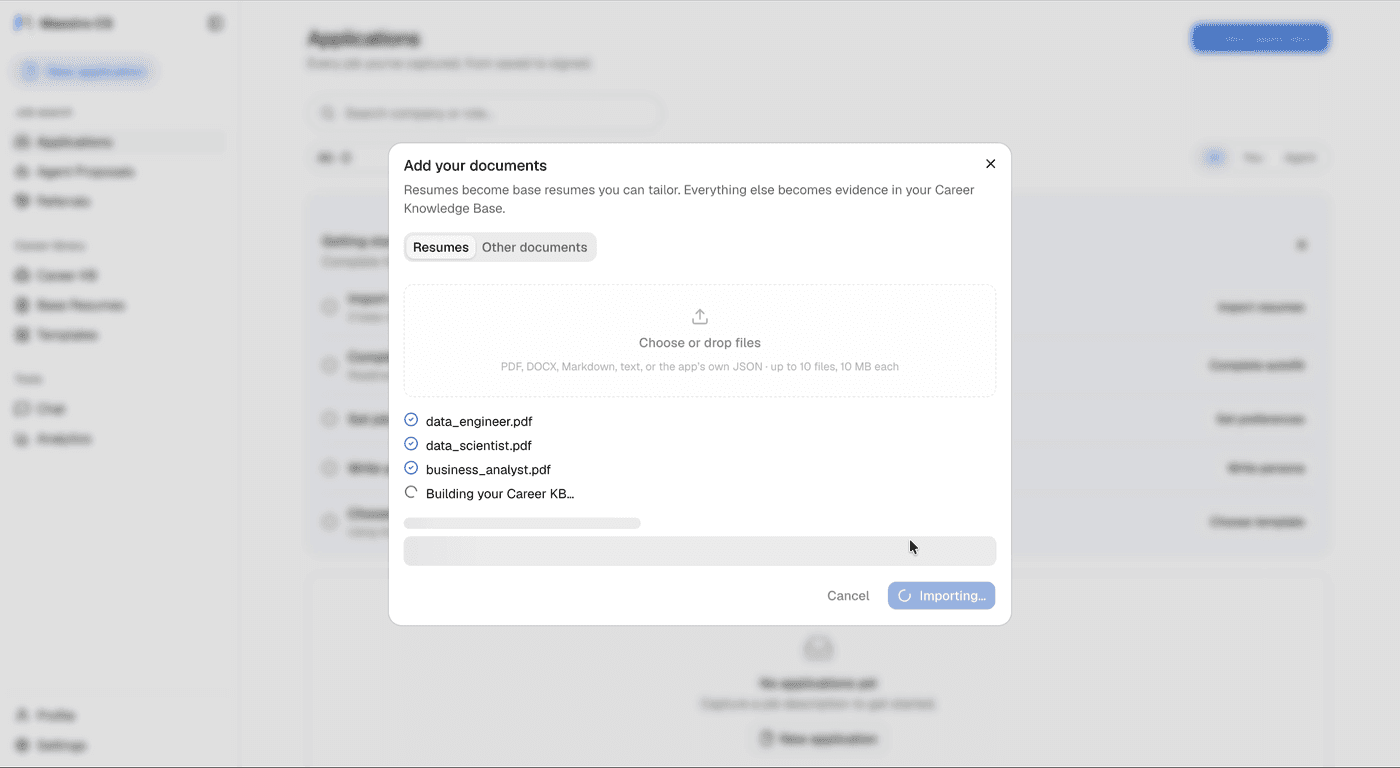 Career KB onboarding: drop in your resumes, get a knowledge base