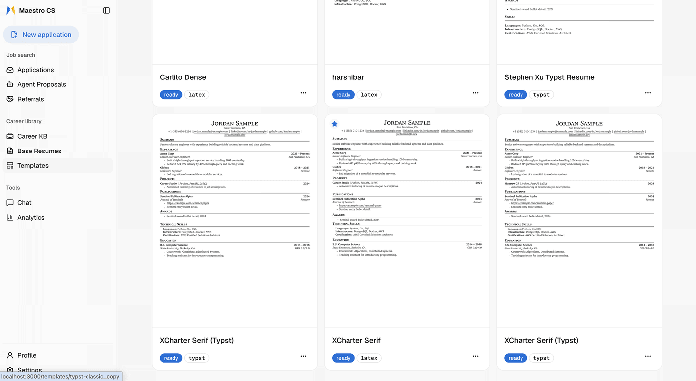 The template gallery, with LaTeX and Typst designs compiled locally